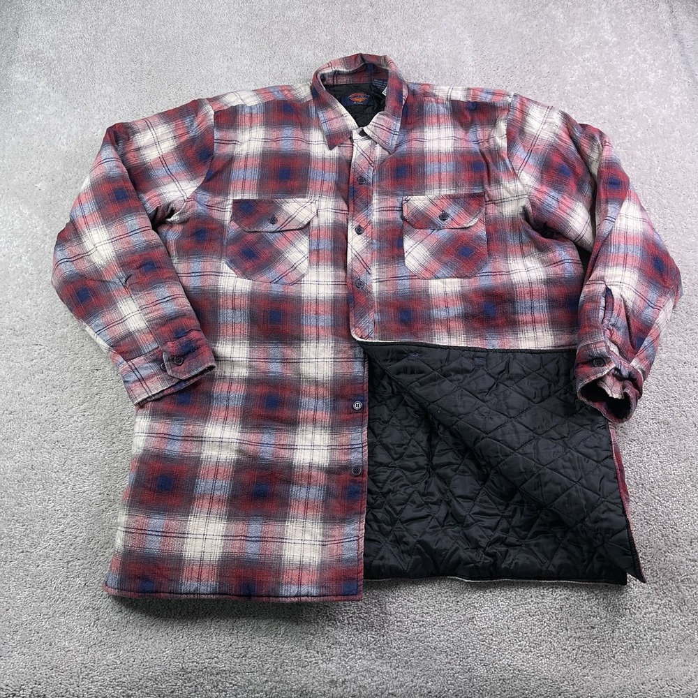 Vintage Dickies Shirt Jacket Mens XL Tall Red‎ Plaid Flannel Quilted Shacket